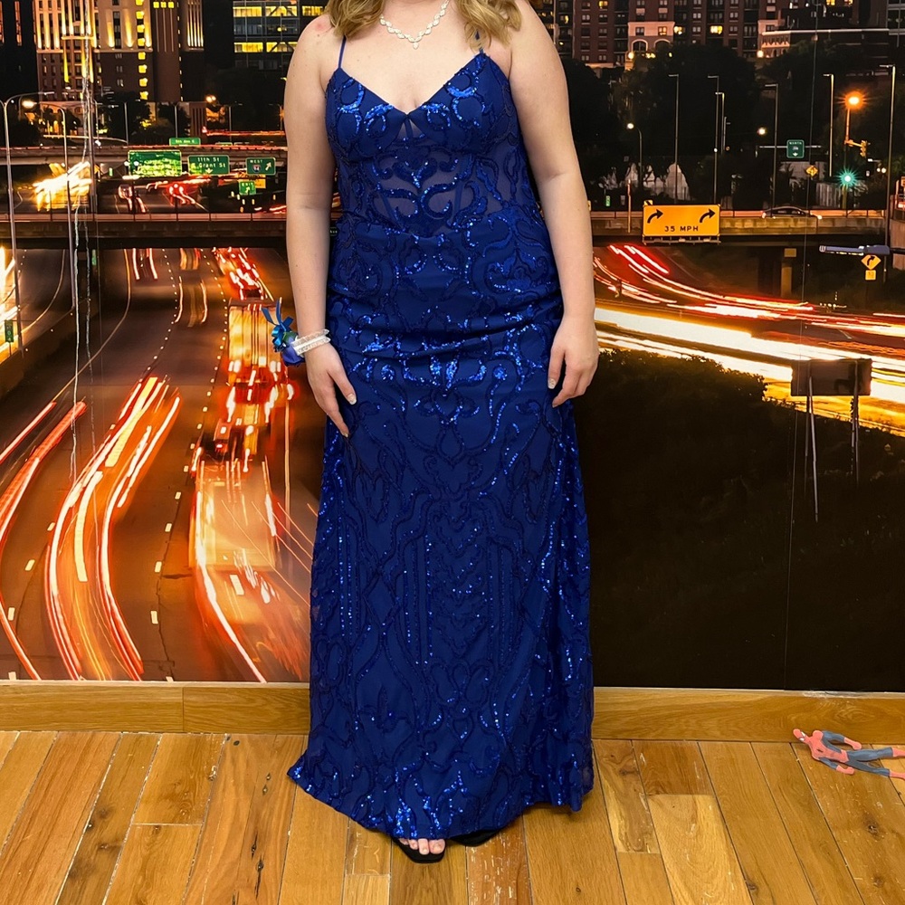 Elegant Blue Sequin Prom Dress